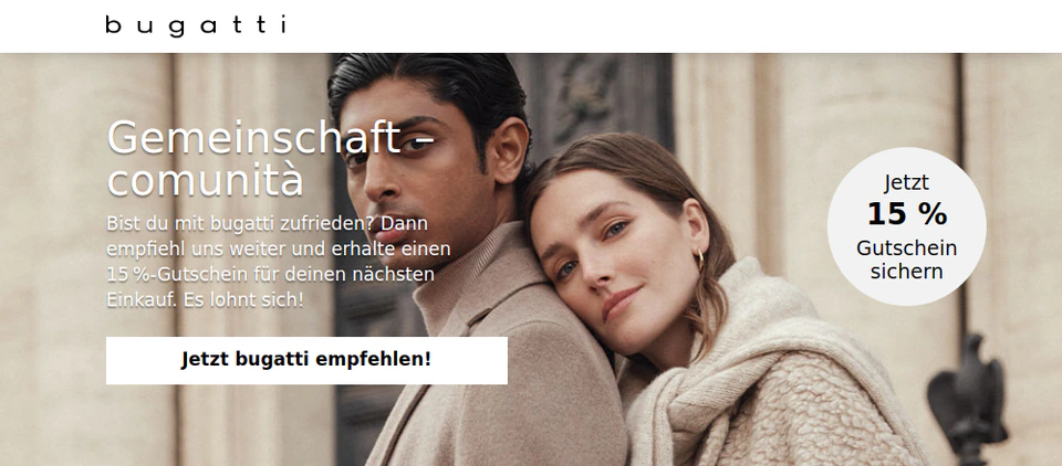 Opening view of the referral page for bugatti